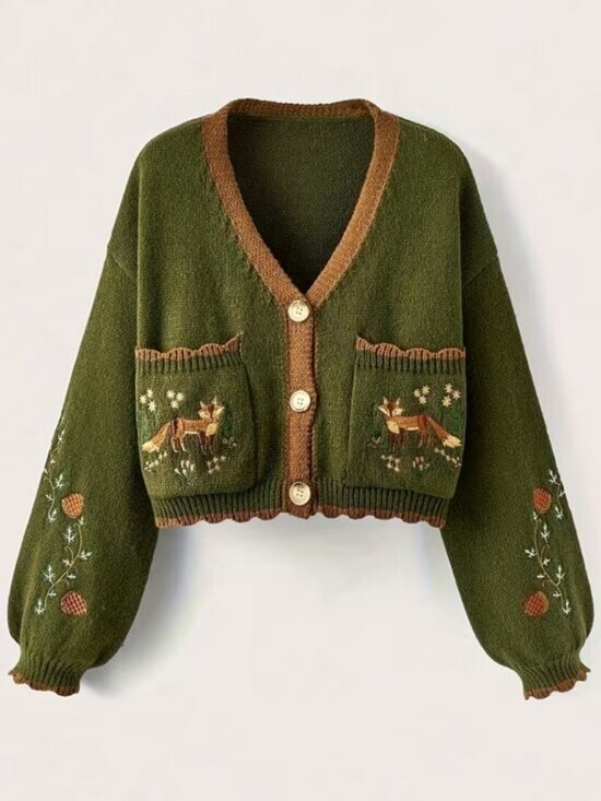 Sweaters - Button Up Fox Nature Army Green Cardigan With Pockets